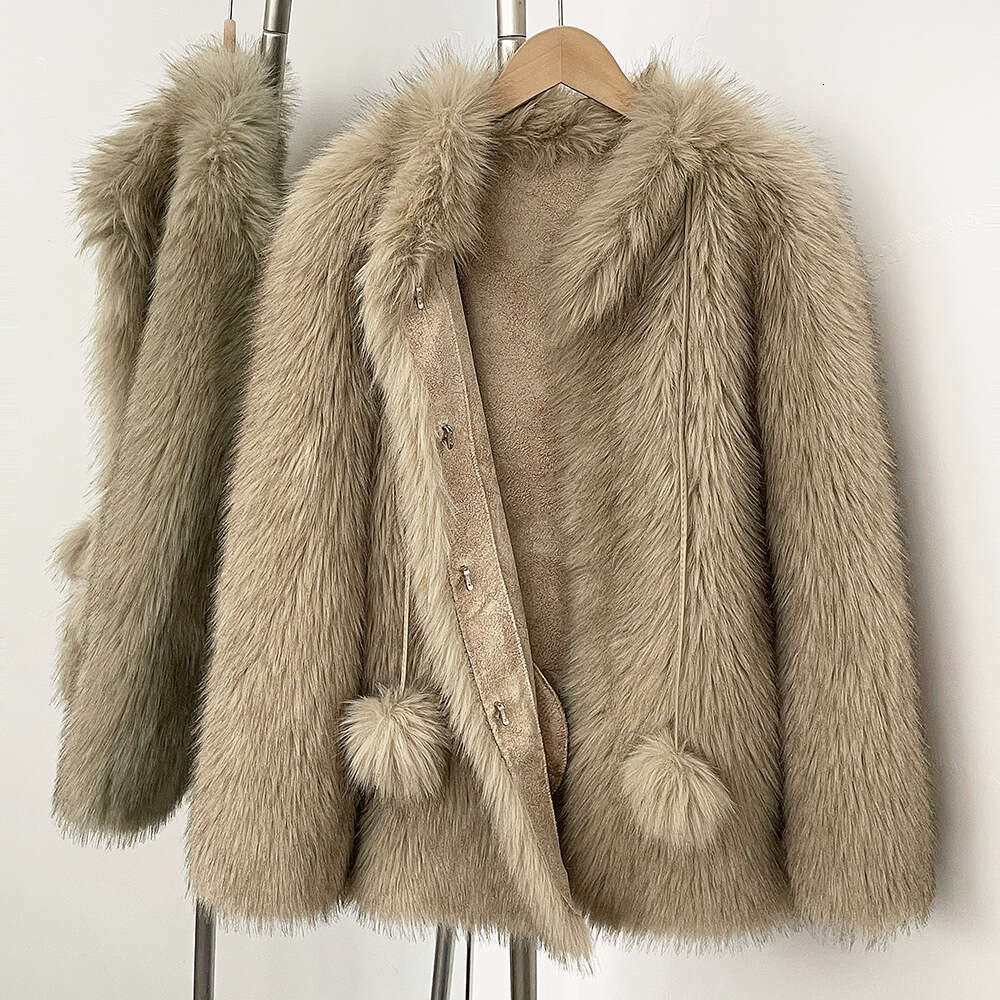 Women's Clothing Faux Fox Fur Coat For Women With Pom-Pom Details, Cute And Stylish, Thickened Warm Fuzzy Jacket, Mid-Length Outerwear, Coffee Be