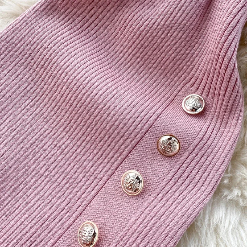 2026 Summer Dresses Chic Solid Korean Vintage High Waist Women Dress Bodycon Sexy Stretch Knitted 250731