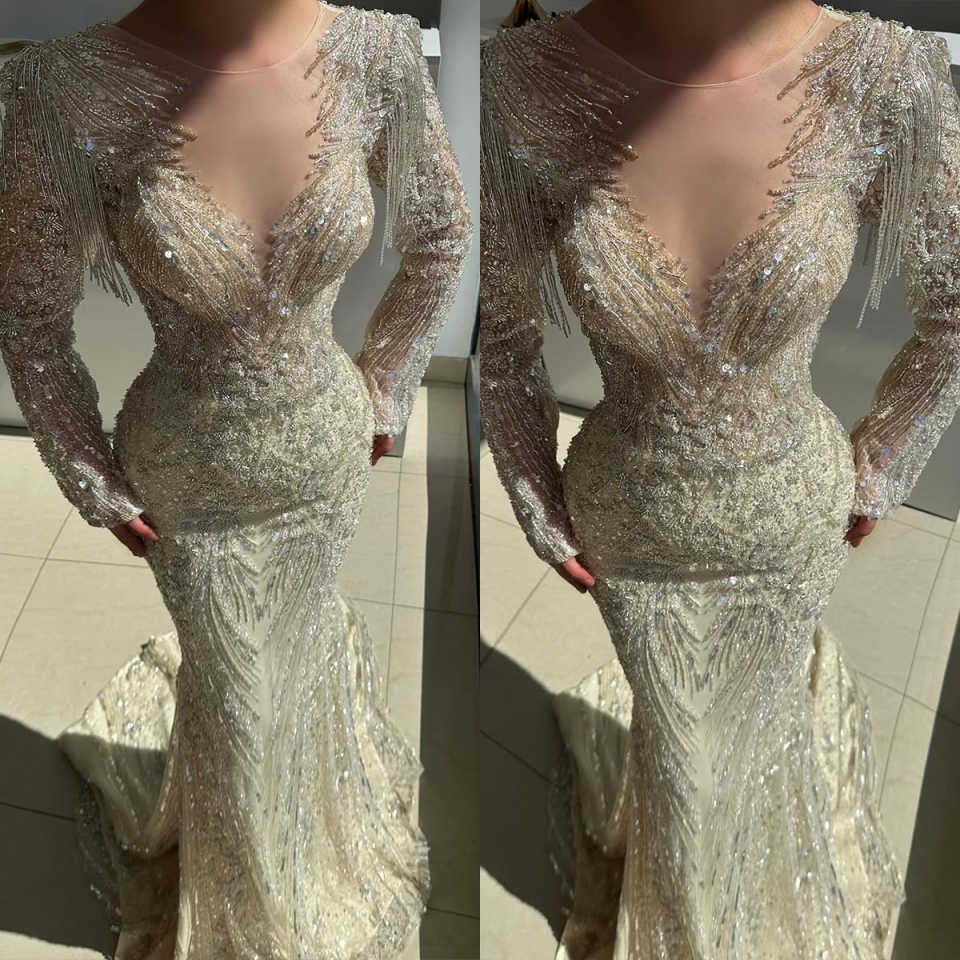 Luxury Evening Dresses For Women Jewel Neck Long Sleeves Gown Sequins Appliques Sweep Train Dress Party Customized Dress