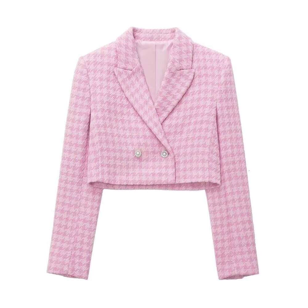 Women's Houndstooth Short Pink Plaid Blazer + Casual Textured Skirt Pants 2024 New Autumn Style