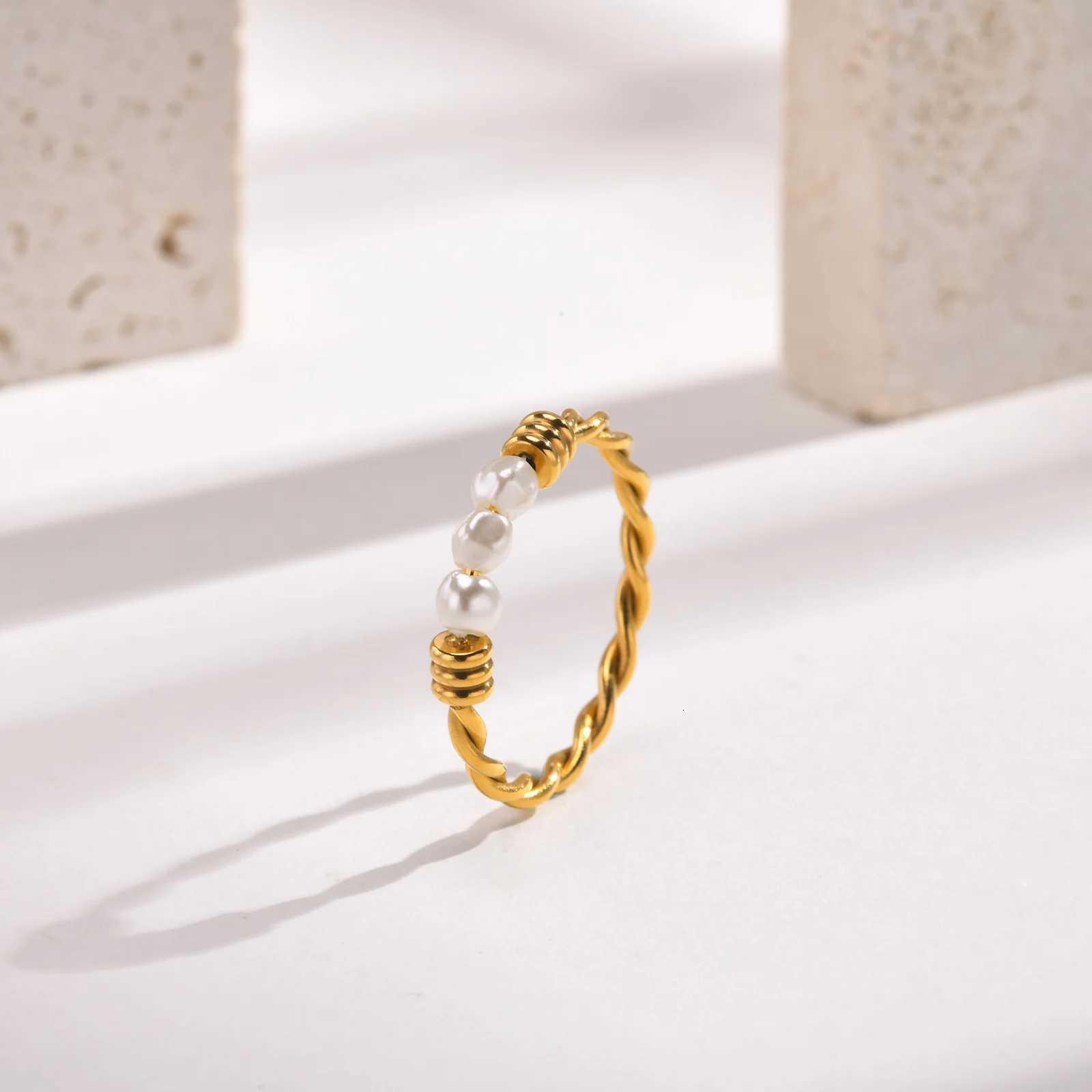 Stainless Steel Twist Braided Pearl Ring for Women Stackable Wedding Engagement Party Jewelry y250730