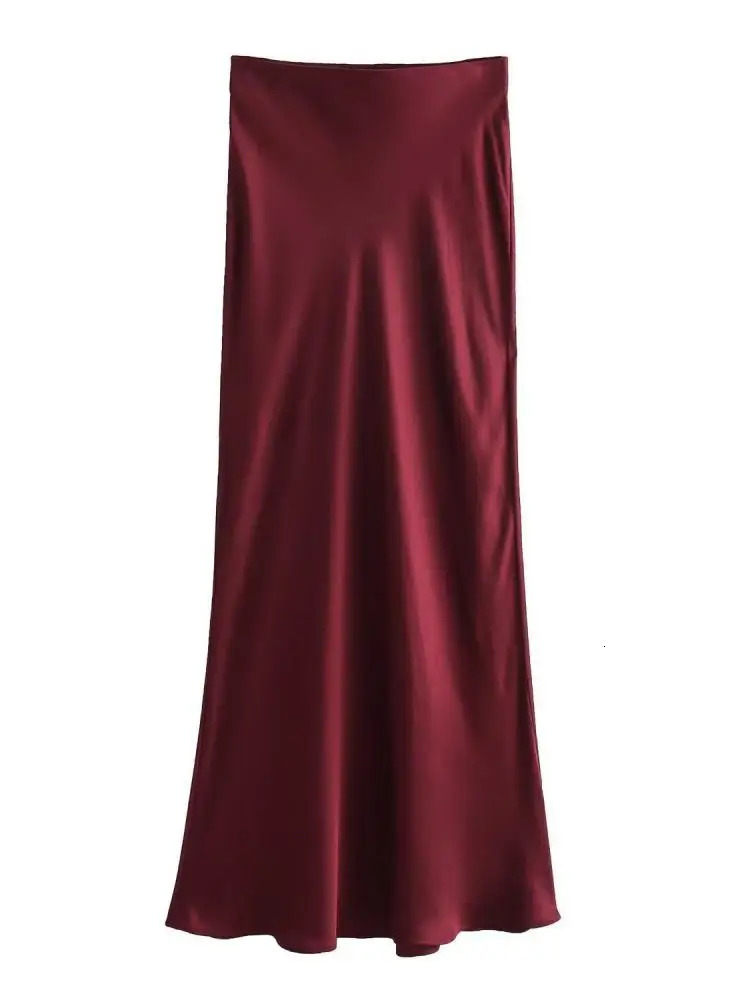 AOSSVIAO Women Fashion Satin Solid Midi Skirt Vintage Mid Elastic Waist Female Chic Lady Skirts 250730