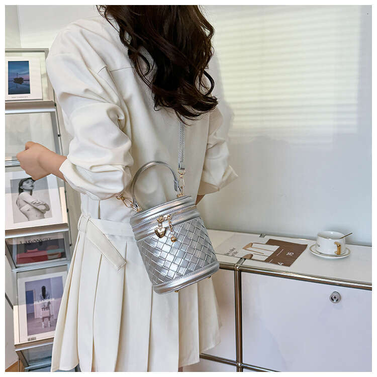 Women Woven Cylinder Trendy Fashion Handheld Commute Single Shoulder Crossbody Mini Bucket Bag