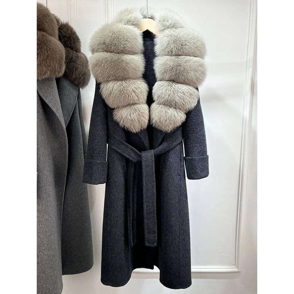 Designer Clothing Janveny Cashmere Double-Sided Woolen Women Removable Natural Fox Fur Jacket Autumn Winter Long Temperament Wool Coat Fashion