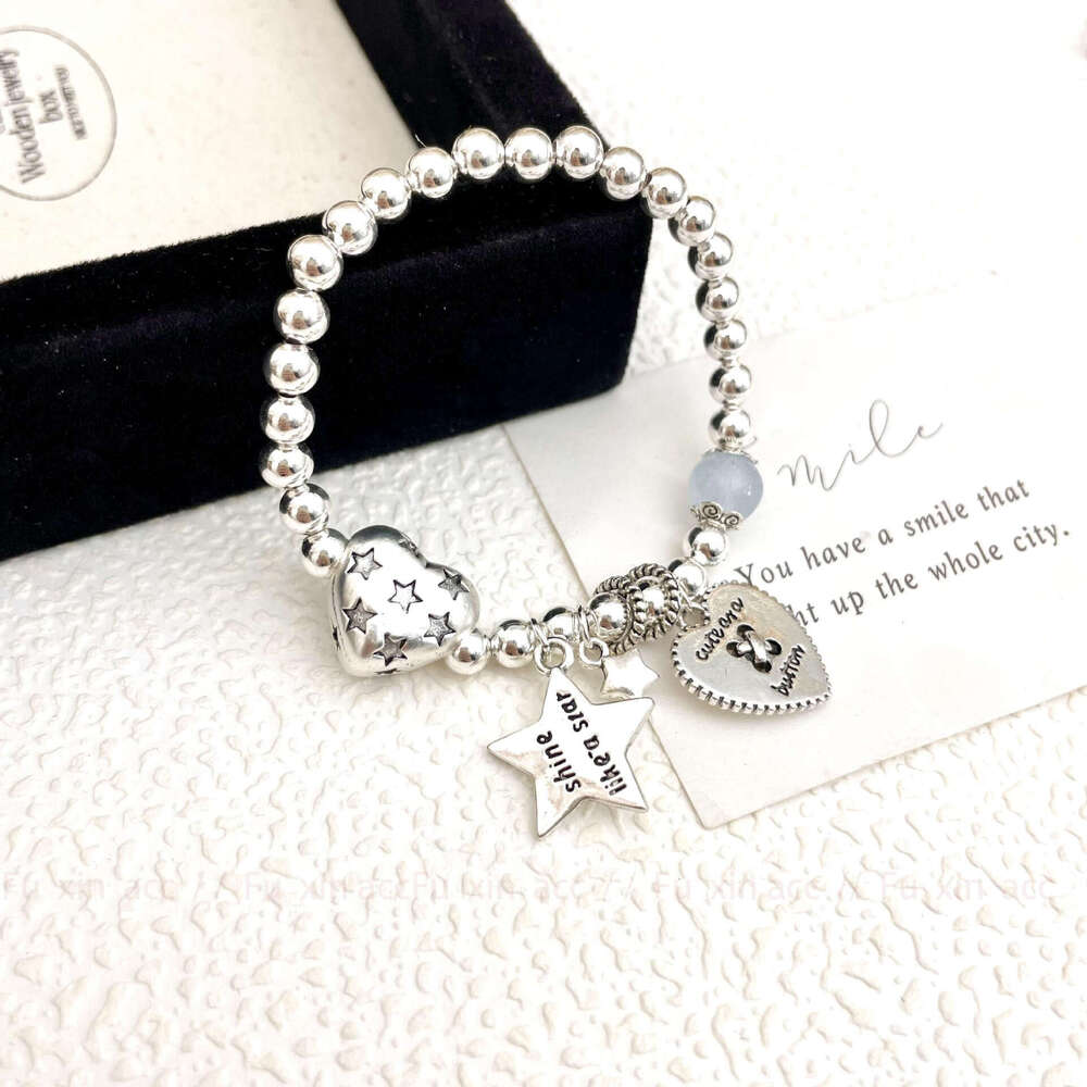 Korean Style Sier Heart Star Beaded Bracelet for Women, Light Niche Exquisite Design, High-end Fashion Versatile Jewelry ca1