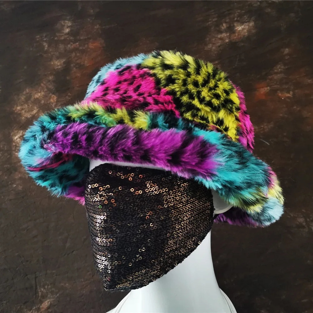 Fluffy Artificial Fur Bucket Hat for Womens Plush Tie Dyed Bucket Hat for Warm Winter Fisherman Hat Gorgeous Hat 250724