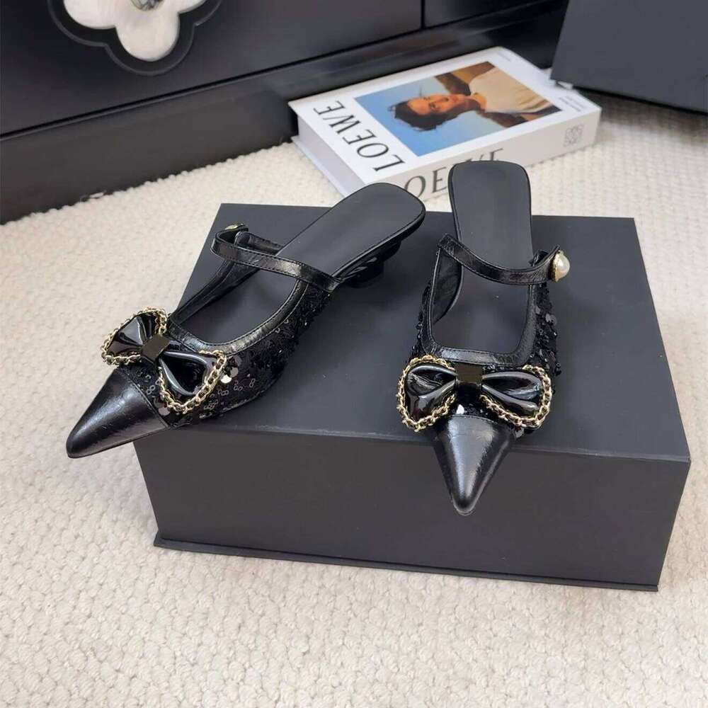Shoes Women Size34-41 Genuine Leather Mules Med Heels Chain Butterfly Knot Slipper Pointed Toe Designer Shoe Zapatillas De Mujer 3f4
