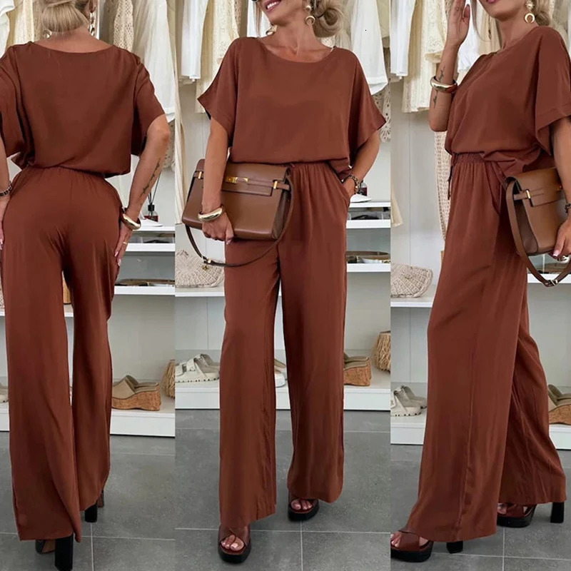 Fashion Oneck Pullover with Long Pants Suit Women Casual Short Sleeve Loose Two Piece Set Elegant TieUp Solid Outfits w250729