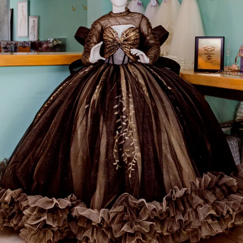 Dark Champagne Shiny Quinceanera Dresses Ball Gown Off The Shoulder Applique Beads Tiered Tull Party Birthday Sweet 16 Vestidos 15De Anos