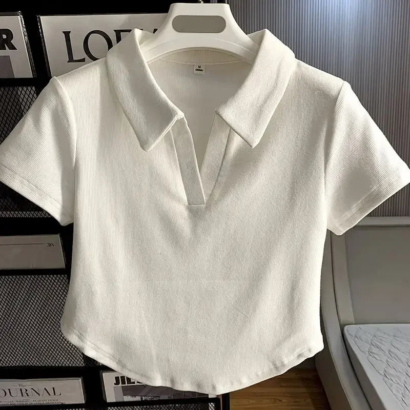 Loves Embroidery Tshirt Polo Collar Orthoshoulder Slim sweet Womens Crop Top Korean Fashion tie Simple Casual Wholesale 250729