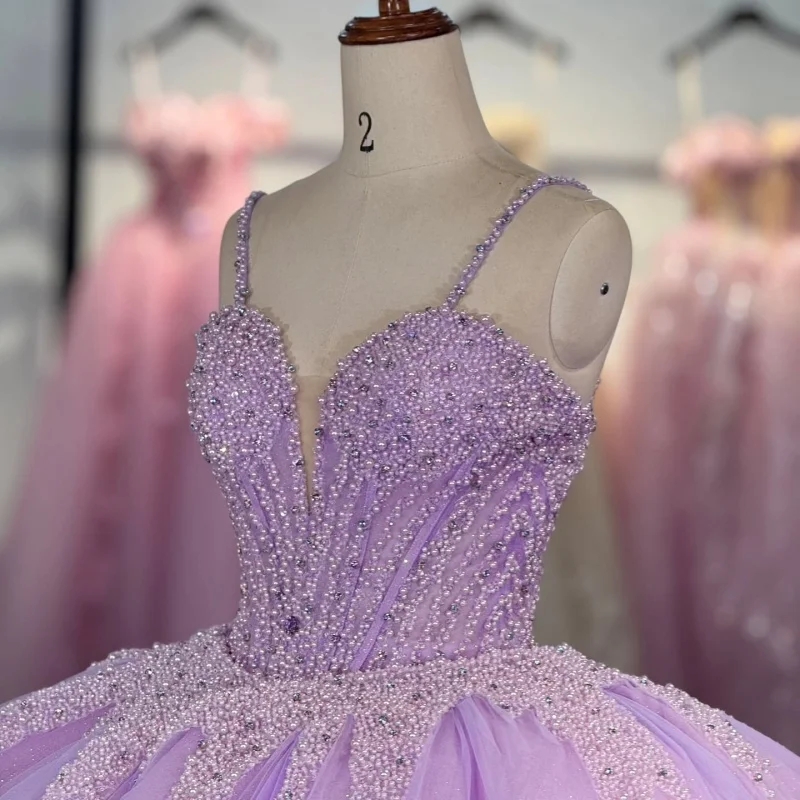 Light Lilac Shiny Quinceanera Dresses Ball Gown Spaghetti Strap Beading Tull Party Birthday Sweet 16 Dress Vestidos 15 De Anos
