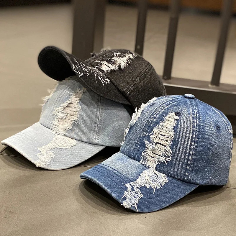 Washed Denim Baseball Caps Women Vintage Holed Distressed Cap Fashion Sports Denim Hats Plain Women Men Dad Caps 250730