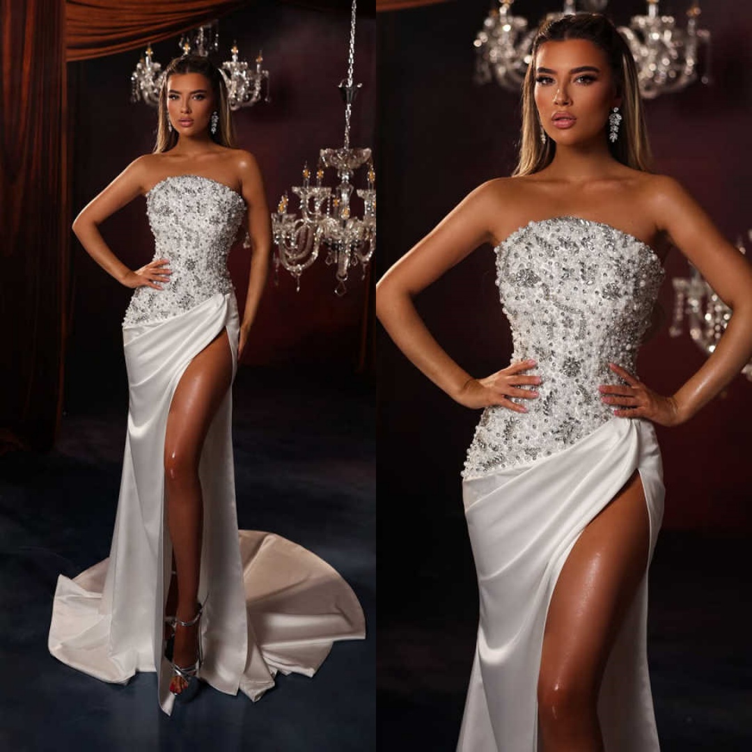 Sexy Mermaid Evening Dress Sequined Pearls Split Special Occasion Prom Dress Women Party Floor-Length Prom Gowns Size vestido de novia Size Customized