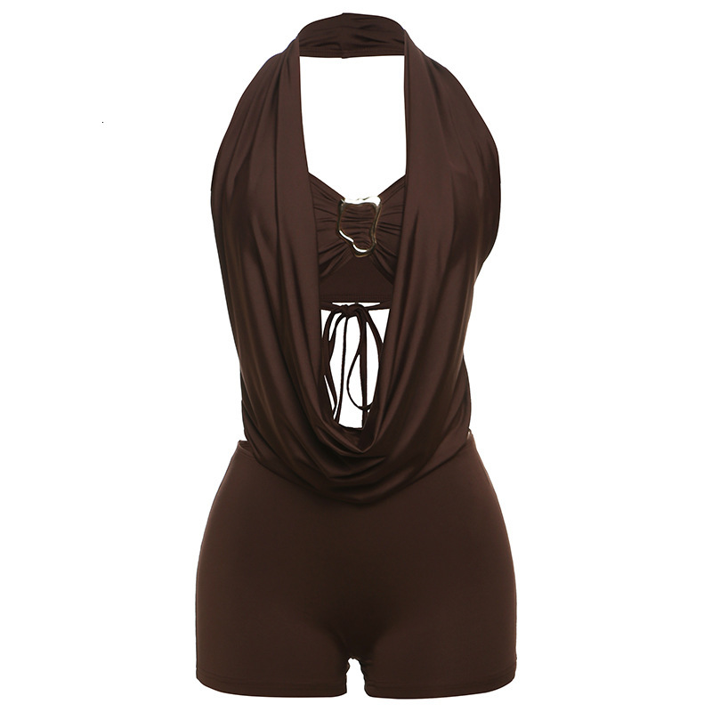 2025 Summer New Fashion Solid Color Strapless Tie Halter Top Tight Short Set for Women