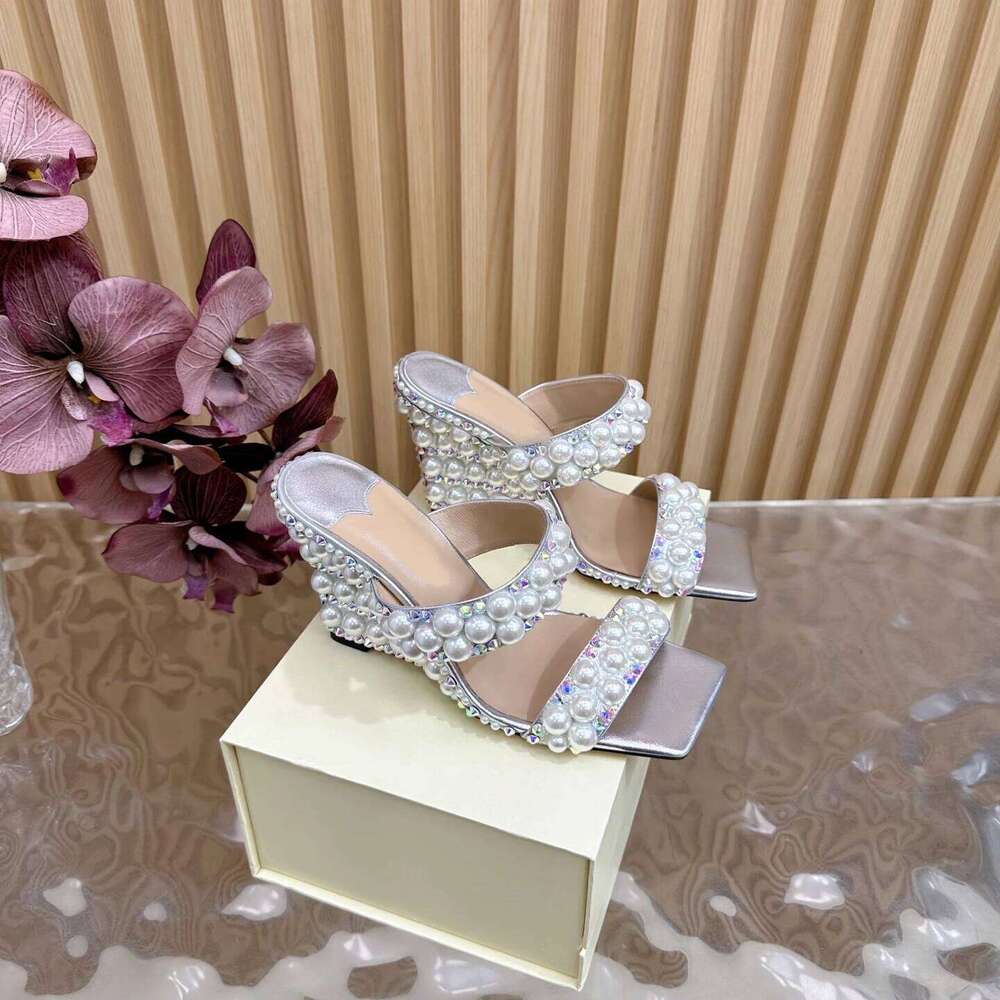 Women Size34-42 Genuine Leather Slippers Super High Heels Wedges Pearl Crystals Mules Designer Shoes Zapatillas De Mujer 475