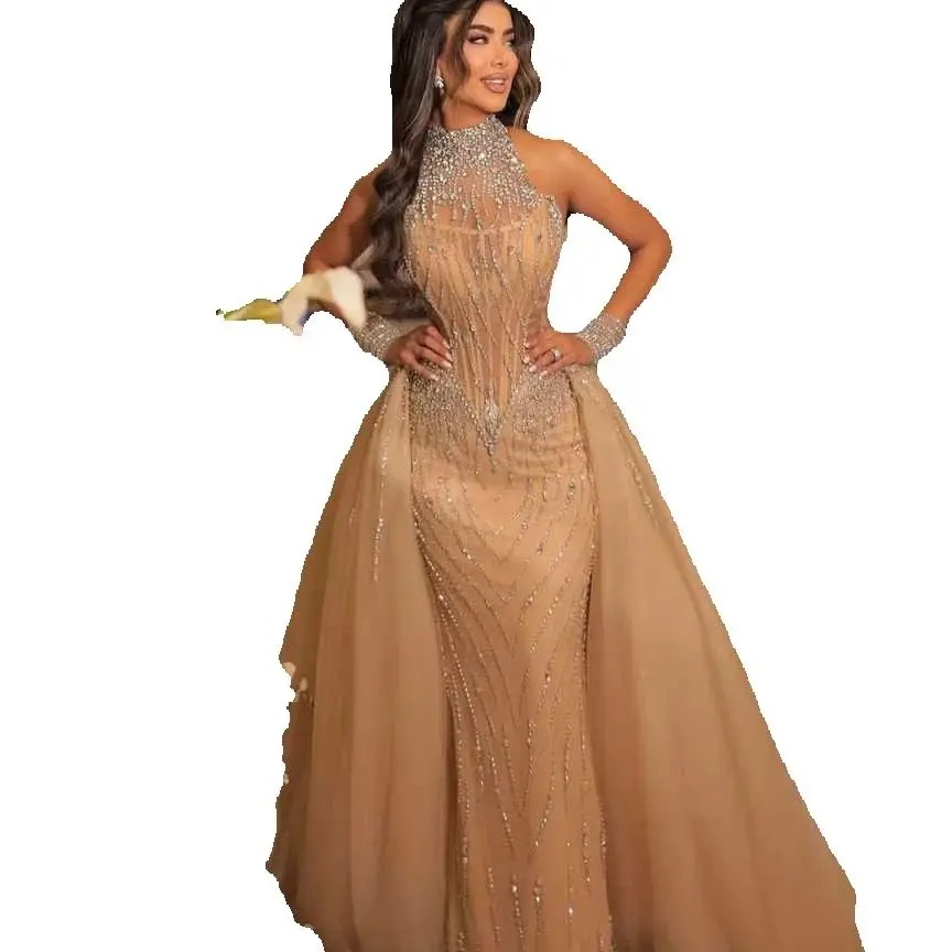Luxury Sleeveless Sequins Evening Dresses Customized Elegant Beaded High Neck Prom Dress Detachable Tain Floor Length Party Gown
