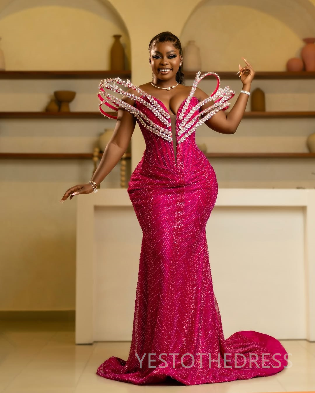 2025 Plus Size Fuchsia Prom Dress Evening Dresses Formal Gowns V Neck Beaded Lace Rhinestones Birthday Dress Second Reception Gowns AM2570