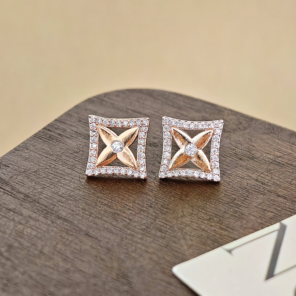 Simple Elegant Socialite Sweet Square Floral Zircon Copper Earrings Jewelry e7644