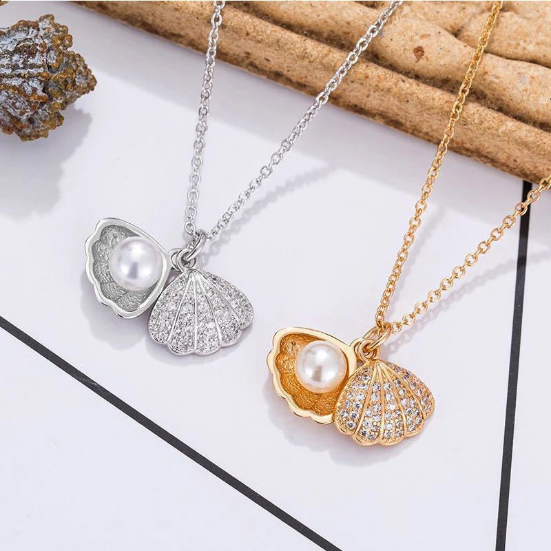 Summer Fashion Crystal Zircon Shell Pearl Pendant Necklace For Women Collar Beach Neck Jewelry 250716