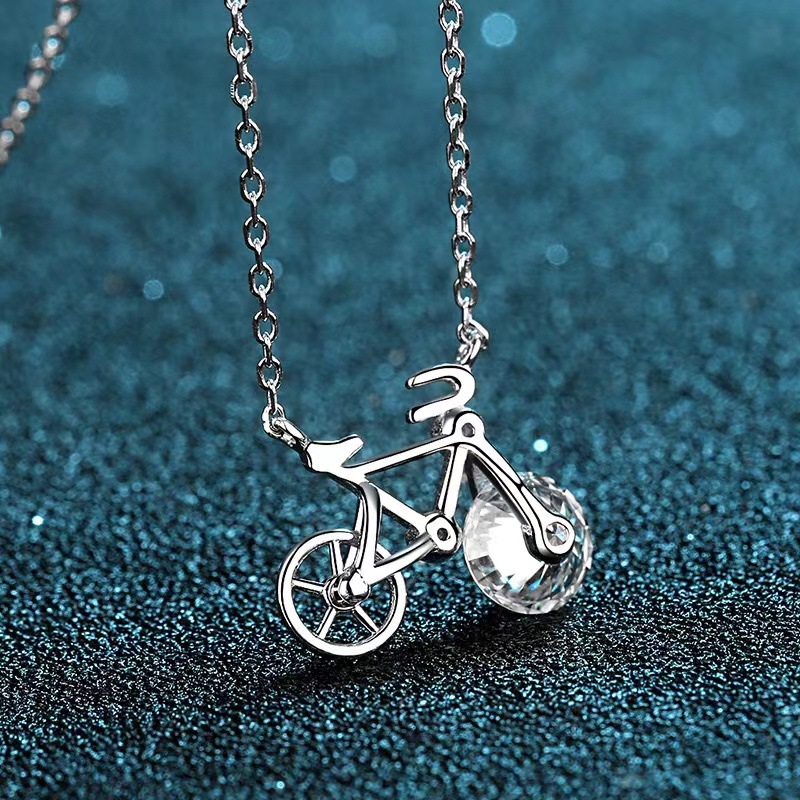S925 Sterling Silver Pendant with Genuine Moissanite - Elegant Womens Bike Charm Necklace