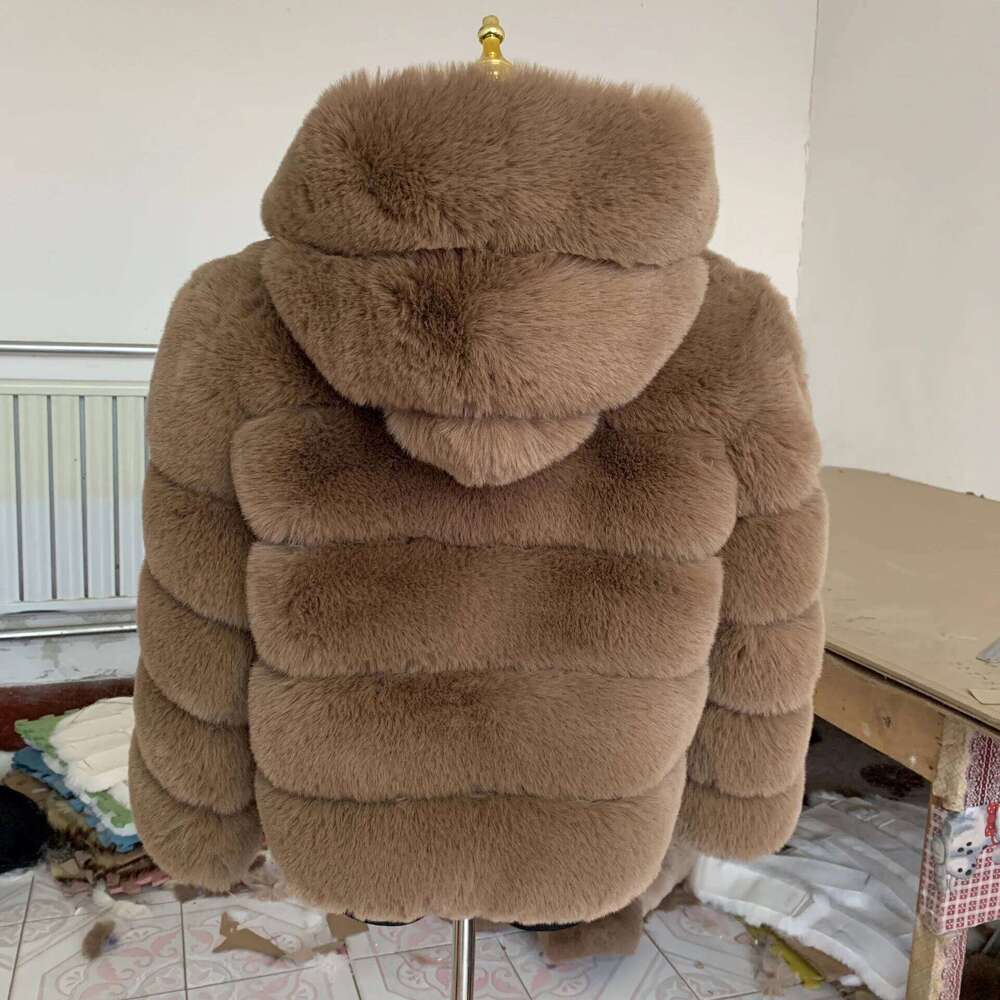 LHXDW Winter Warm Fake fox fur hooded coat Thick Faux Fur Hooded Jacket luxury women's winter fur coat High Quality