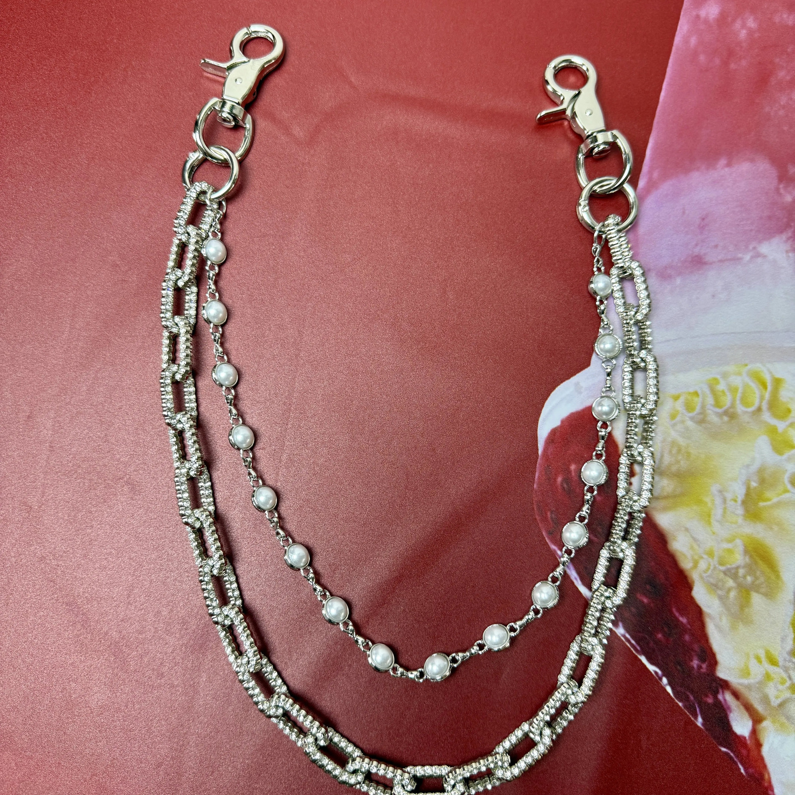 punk style pants with double-layer metal chain and colorful bead fashionable mens and womens waist decoration 250730