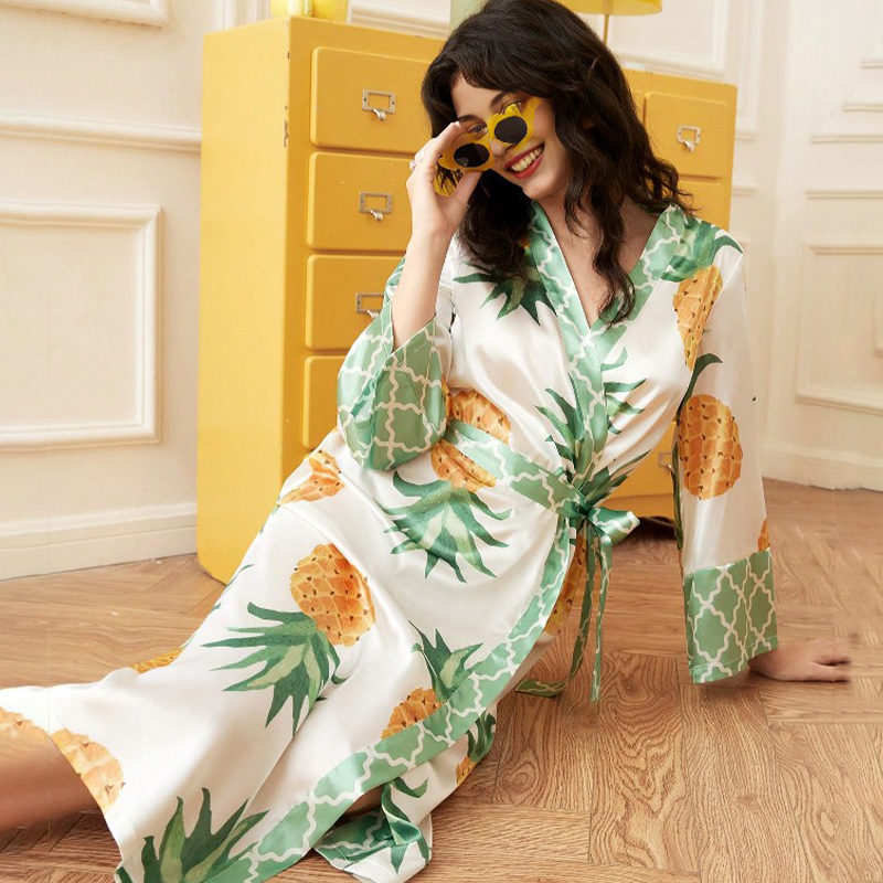 2025 New Women's Spring and Autumn Silk Satin Pineapple Print Long-Sleeved Long Nightgown Homewear