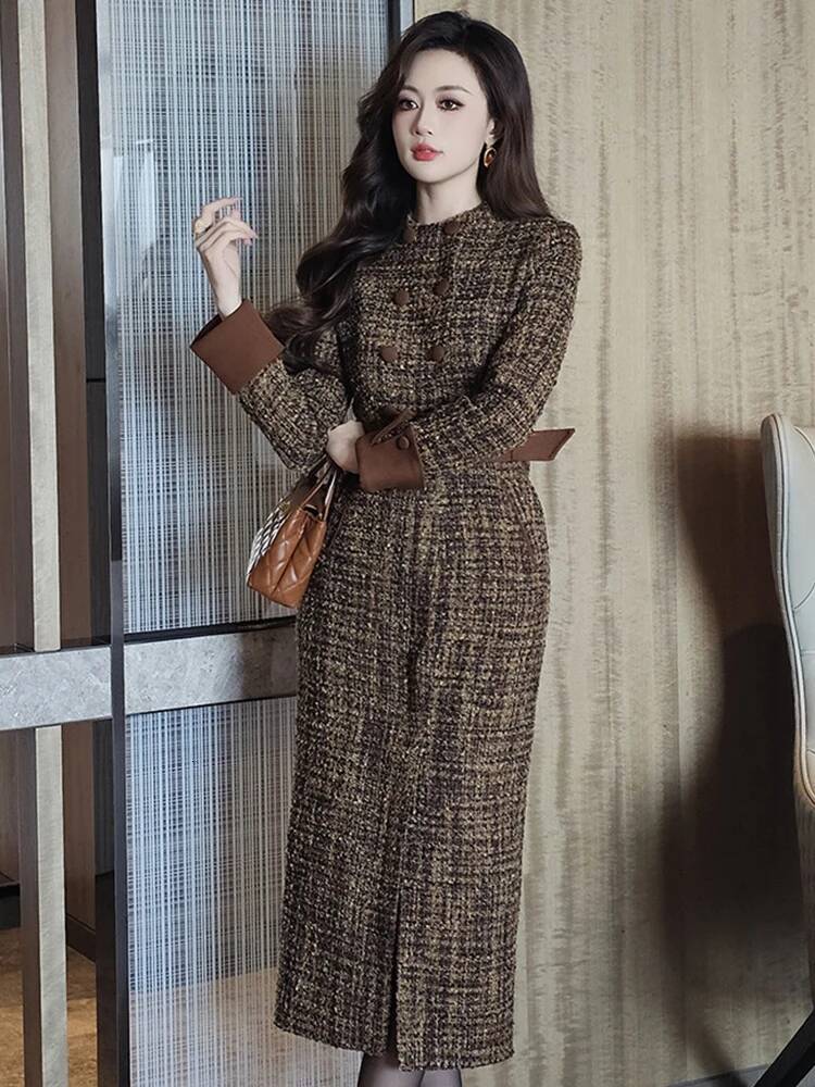 Women Clothes Tweed Plaid Formal Ocn Double Breasted Belt Slim Slit Midi Pencil Dress Elegant Vestidos Commute Casual New dongdumaoyi
