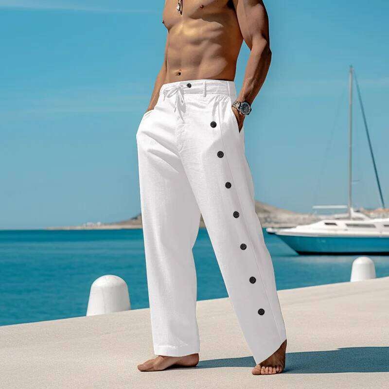 Fashion Men's Cotton Linen Casual Pants Side Buttoned Loose Ventilate Long Trousers Streetwear Spring Summer Beach Pant Male