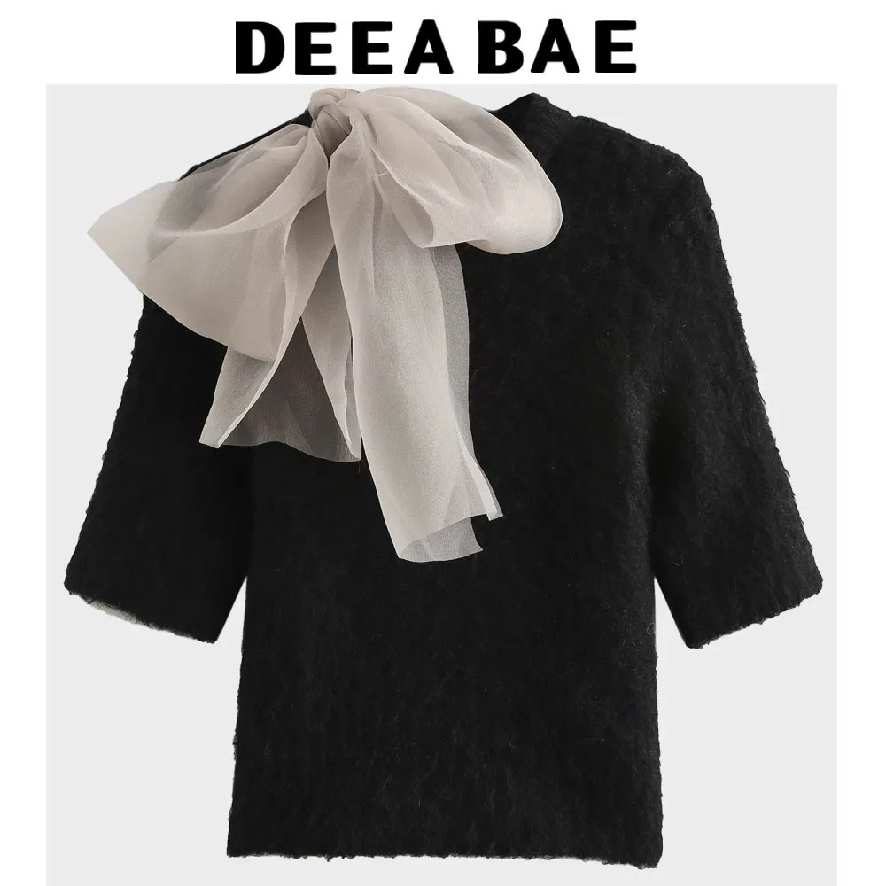 Womens Clothing Sales Trend Sweet Transparent Bow Decoration Short Sleeve Pullovers Knitwear Sweater 250731