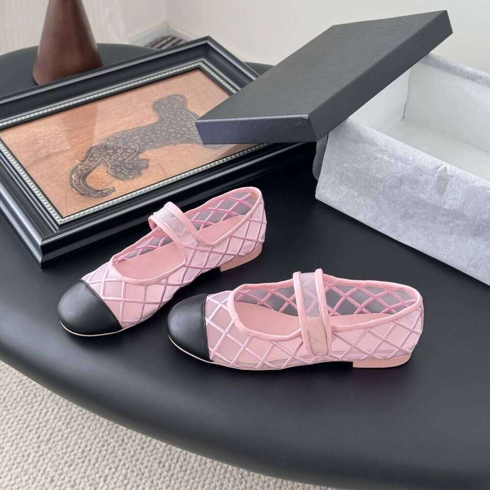 Women Mesh Genuine Leather Ballet Flats Mary Janes Mixed Colors Round Toe Buckle Strap Designer Shoes Zapatillas De Mujer 08a