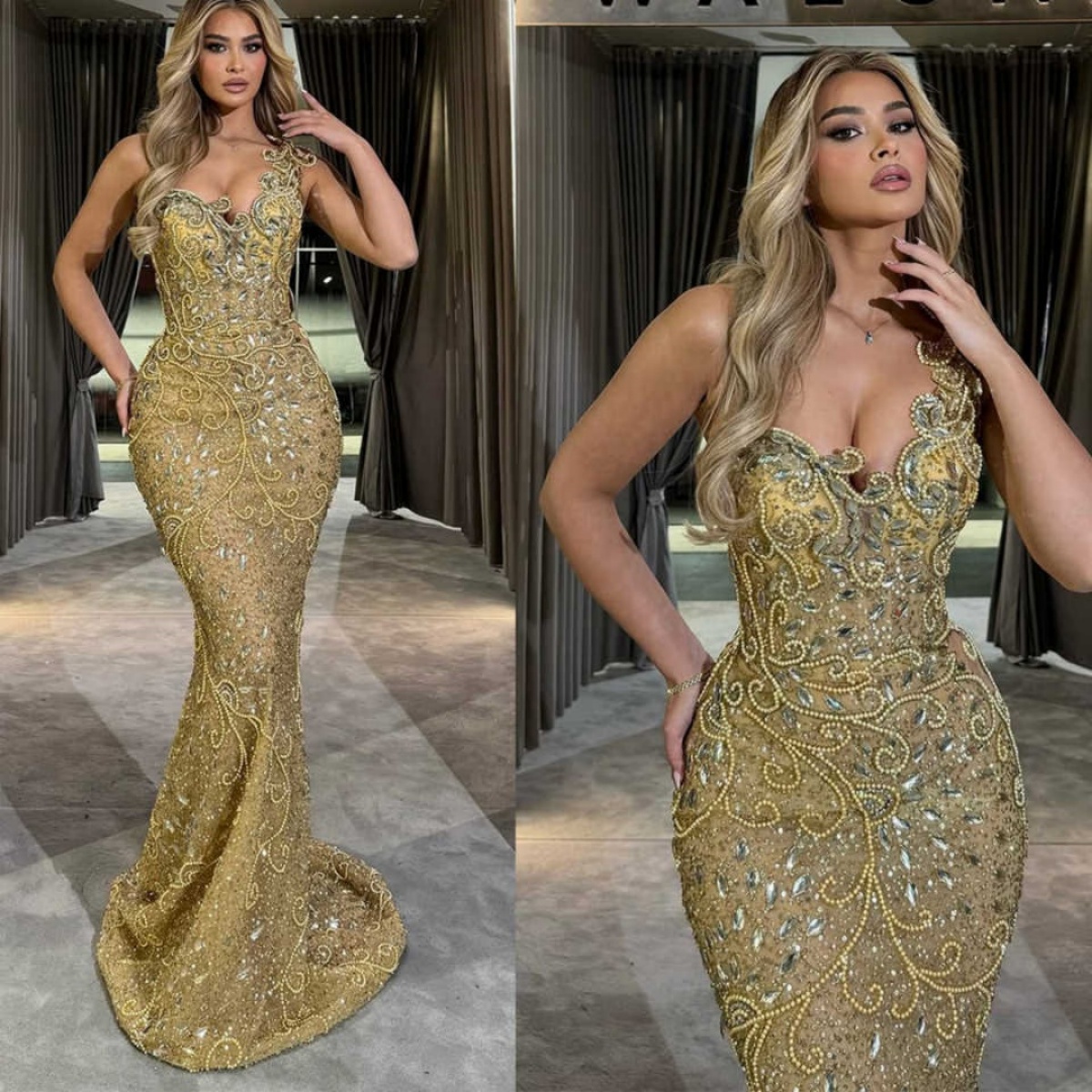 Luxury Gold Evening Dresses Mermaid One Shoulder Crystal Beading Reception Party Dresses Prom Gowns Customized