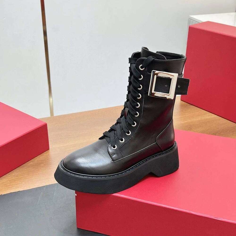 Women Genuine Leather Med Heels Crystal Buckle Ankle Boots Flat Platform Zipper Designer Shoes Zapatillas De Mujer 523