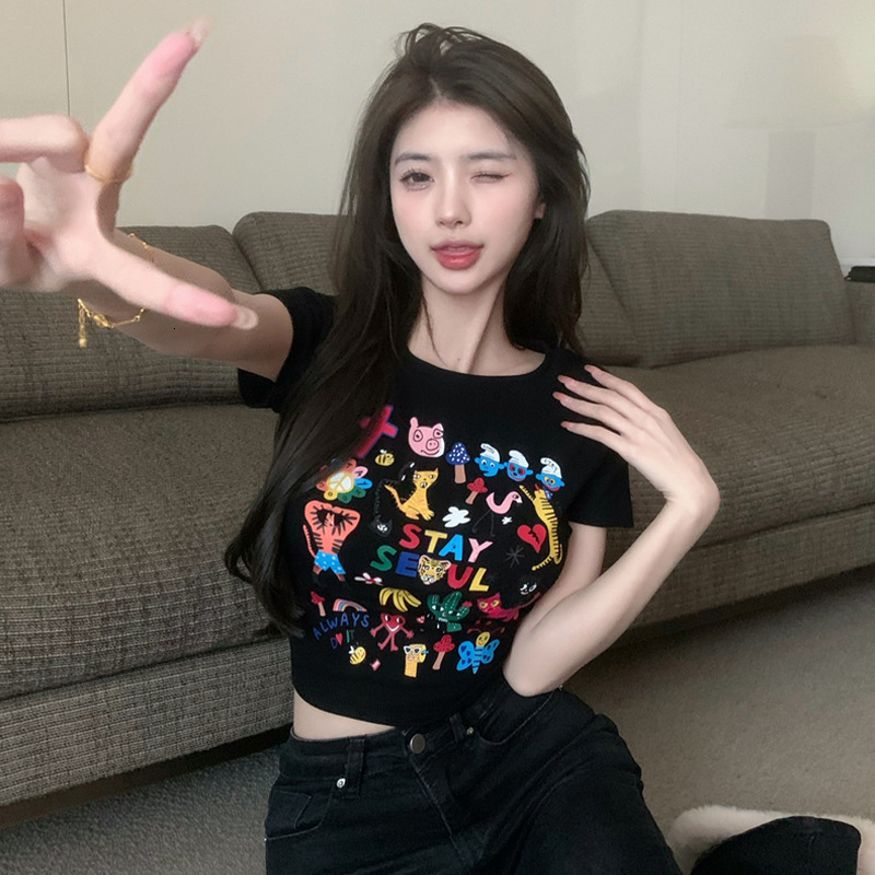 2025 pure desire spicy girl cartoon printed short sleeved women's T-shirt summer new slim fit basic shirt short top new designer T-shirt