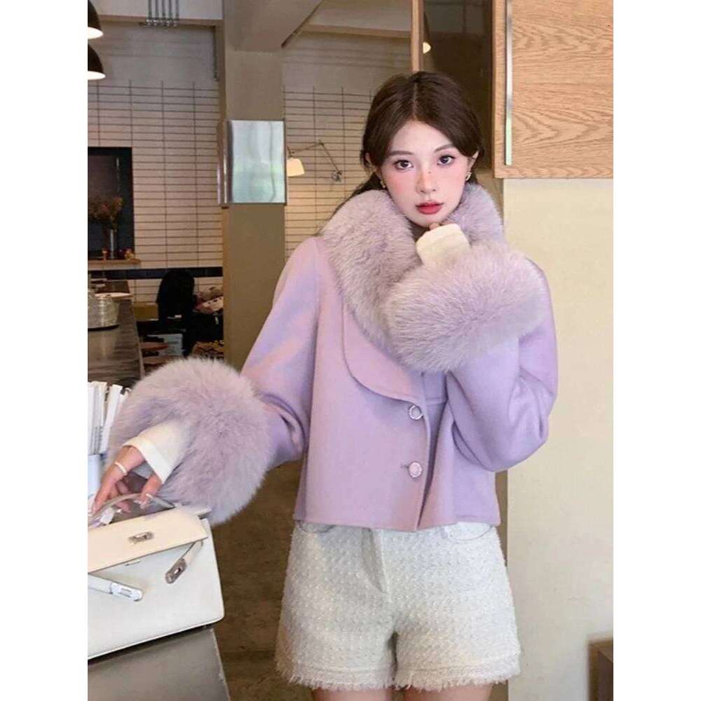 OFTBUY New Autumn Winter Clothes Women Short Real Fox Cuff Woolen Blends Jacket Fashion Warm Fur Collar Cashmere Wool Coat