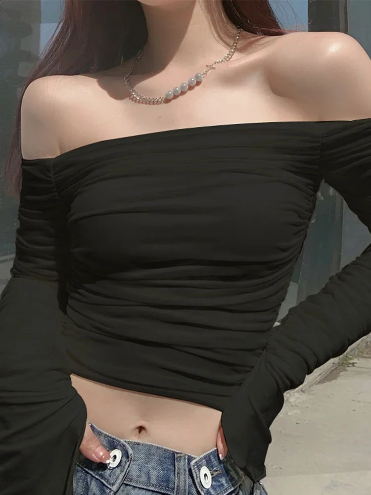 Mesh Patchwork Women Long Sleeve Crop T-Shirt Ruched Off Shoulder Bodycon Sexy Elegant Streetwear Spring Summer 250725