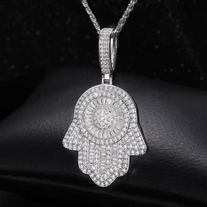 Bling Luxury 925 Sterling Silver Baguette VVS Moissanite Diamond Iced Out Hamsa Hand Pendant Necklace for Jewelry Gift