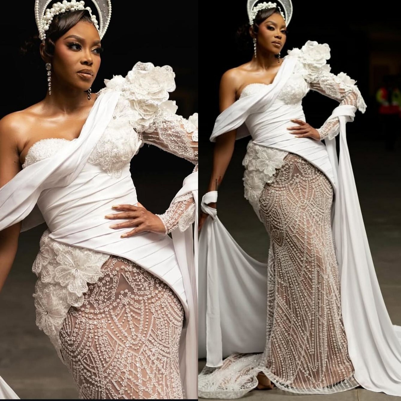 2025 Aso Ebi Plus Size Ivory Mermaid Wedding Dress Floral Lace One Shoulder Illusion Detachable Train Bridal Gowns Dresses ZJ06785