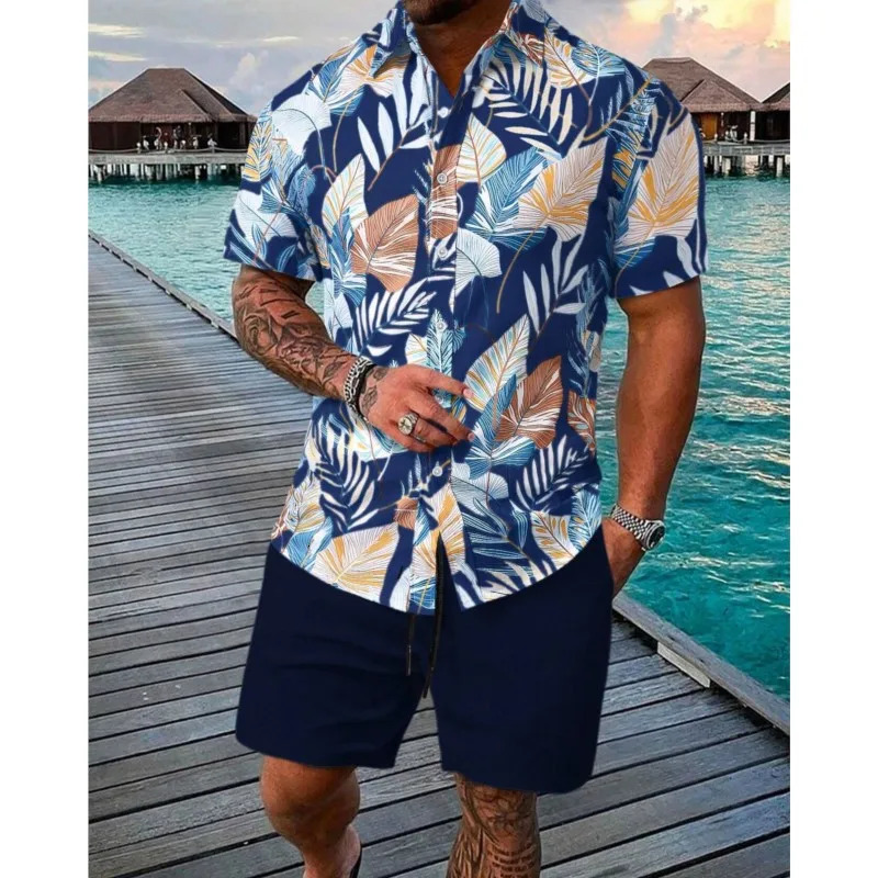 Funny 3D Leaves Print Mens Shirts Sets Fashion Hawaiian Short Sleeve Tops Shorts 2 Piece Outfit Summer Beach Vacation Man Suit 250724