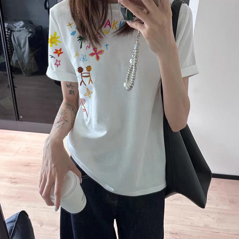 2025 American hip-hop style off shoulder short sleeved women's T-shirt summer new cotton lazy style loose round neck top new designer T-shirt