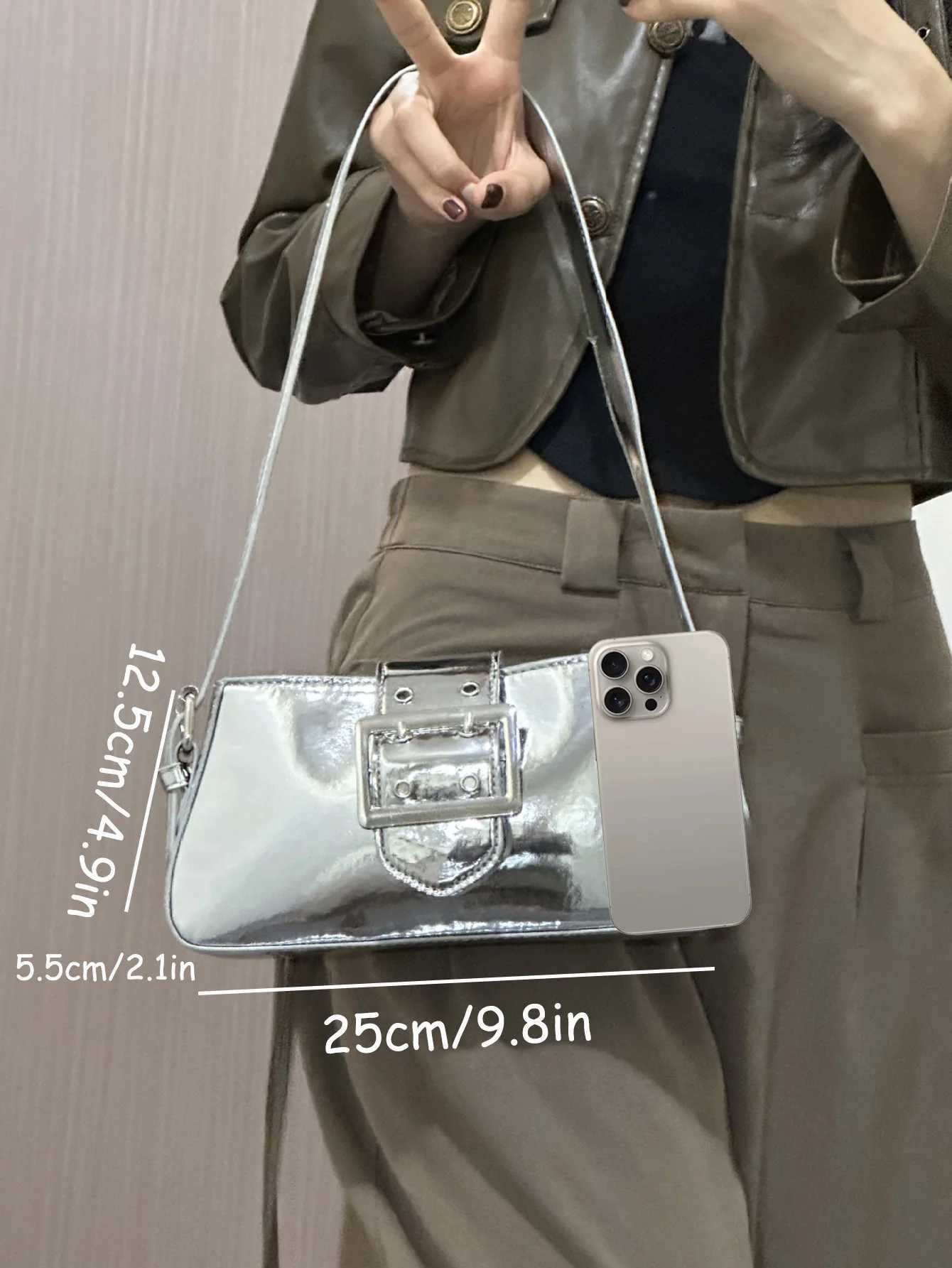 Handheld patent leather siLVer sweet cool spicy style bag 2024 new niche design motorcycle armpit bag for women Y250730