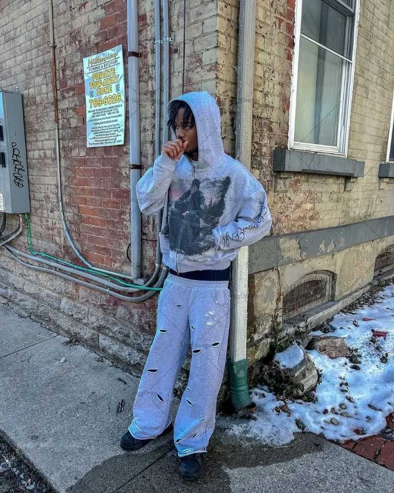 2025 High Street American Retro Streetwear Men Gothic Harajuku Letter Printed Zipper Hoodie Trendy Punk Y2K Oversized Sweatshirt XJ250731