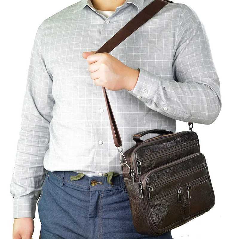 Coffee Men Genuine Leather Shoulder Bag Male Cowhide Leather Handbags Mens Large Zipper Messenger Bag Travel Tablet Bag Tote Y250730