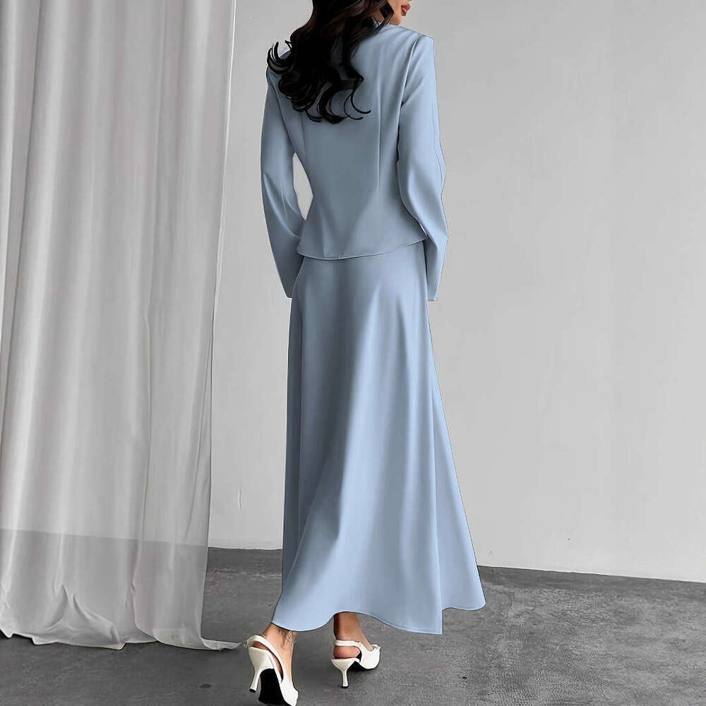 Autumn Women's Fashion Set One Button Solid Color Elegant Blazer V-Neck Half Skirt Outfit