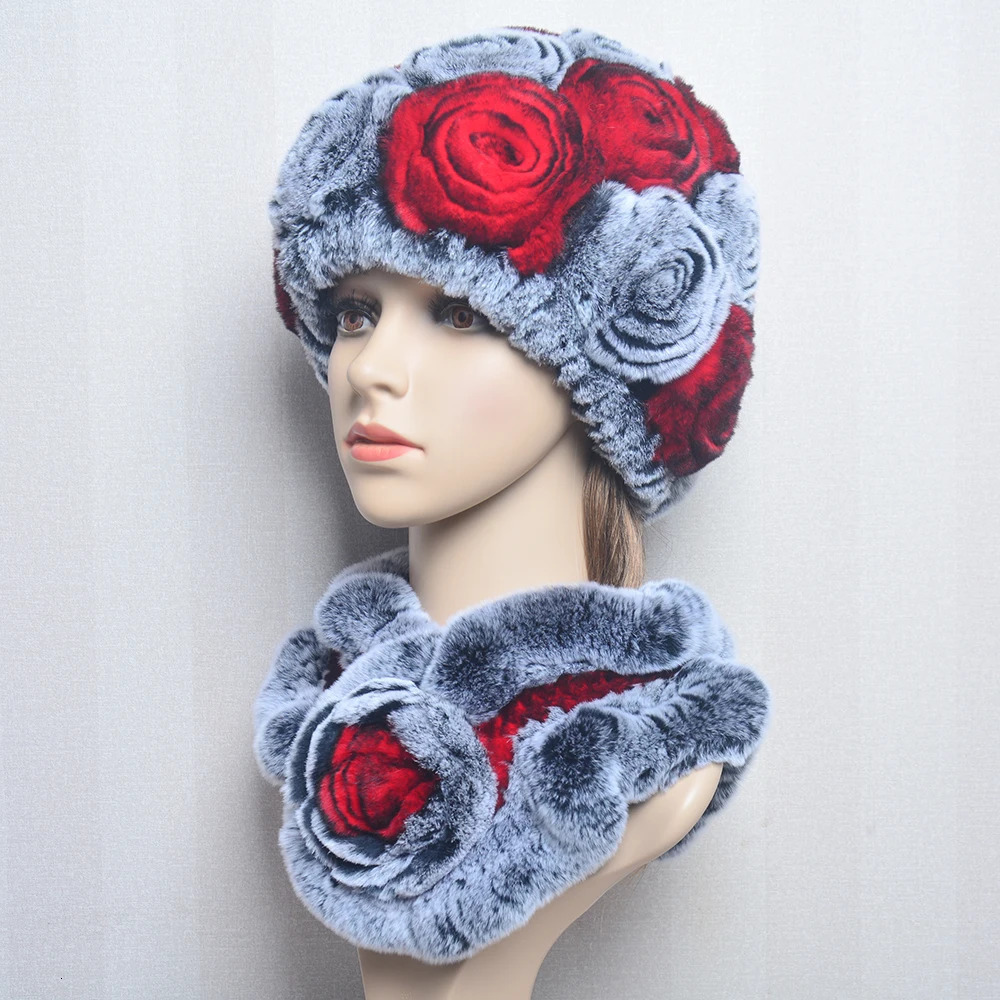 Women Winter Fur Hat Scarf Sets Natural Warm Rex Rabbit Fur Cap Scarves Lady Knitted Warm 100% Genuine Fur Hats Muffler 250724