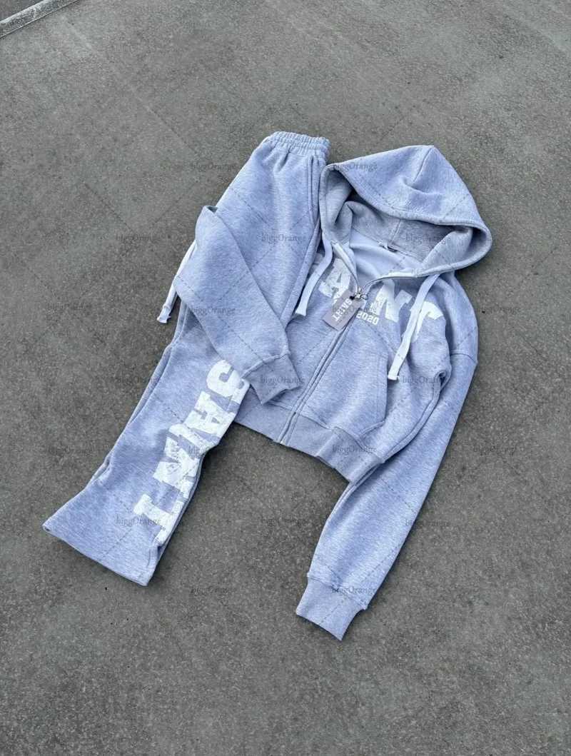 New Hip-hop Streetwear Mens Suit High Street Casual Retro Letter Print Streetwear Tracksuit Harajuku Gray Zipper Hoodie Women XJ250731