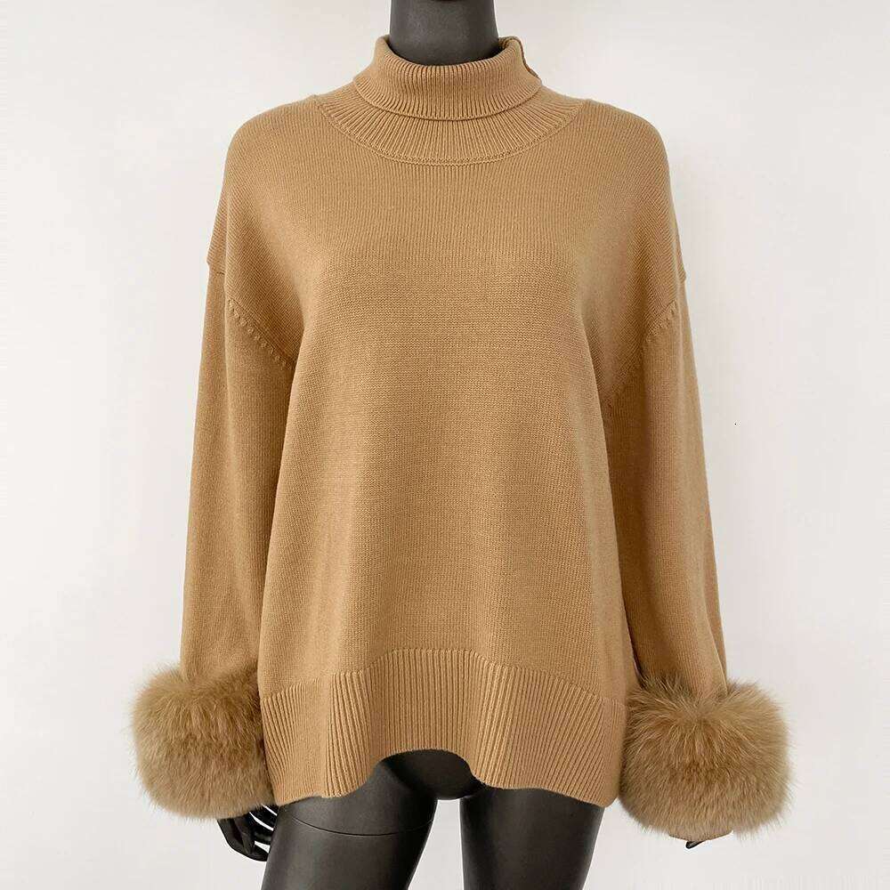 Designer Clothing FURYOURSELF 2025 Women Wool Pullovers Oversized Real Fox Fur Cuffs Sweater Elegant Office Lady Clothing Loose Turtleneck Jumper Fash