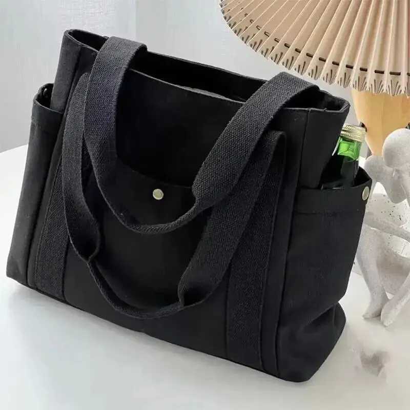 Canvas Womens Shoulder Bag Large Capacity Multiple Outer Pocket Zipper Tote Bag Student Handbag Shopping Y250730