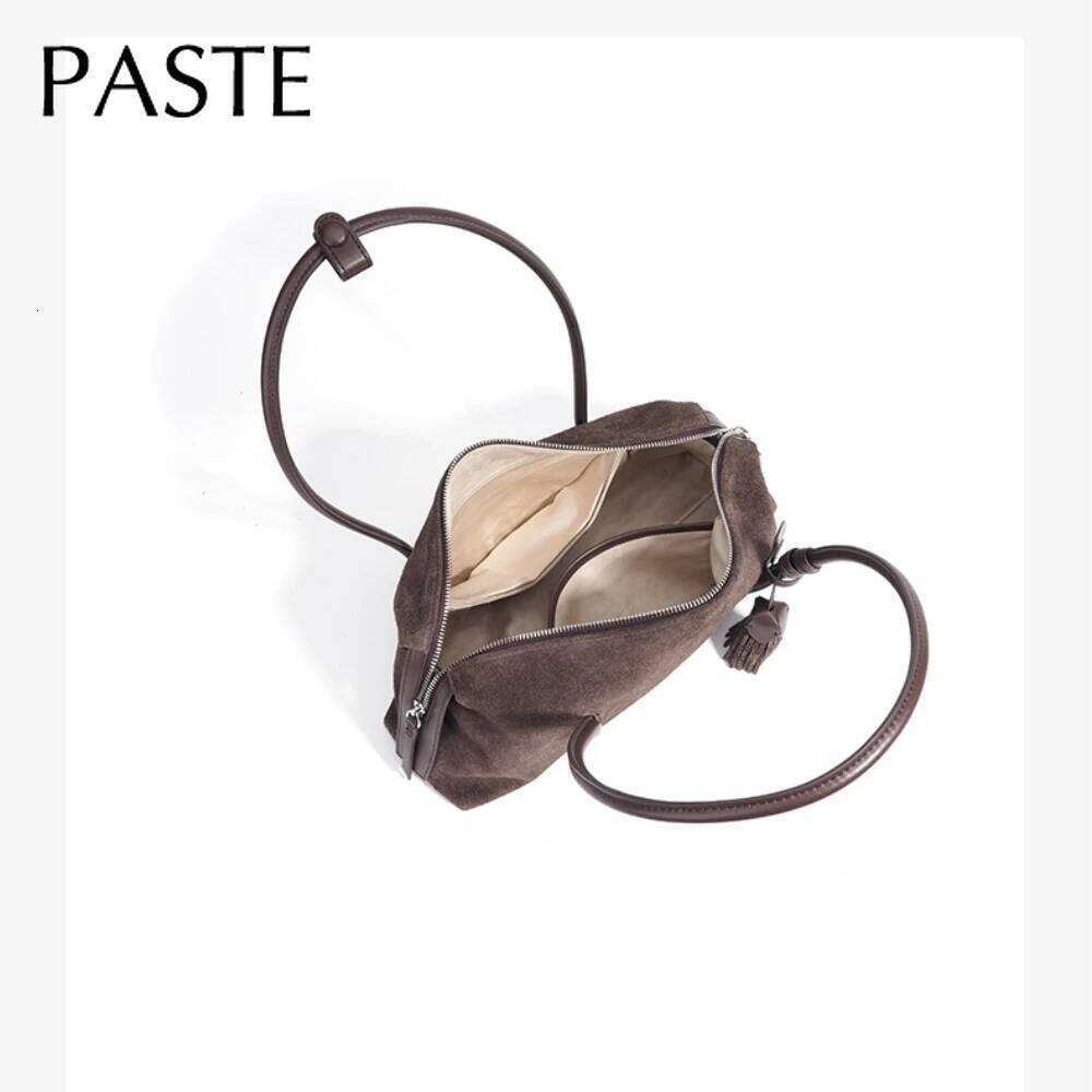 2026 Winter New Collection Tassel Design Lazy Bowling Tote Cherry Red Coffee Suede Cow Leather Women Armpit Shoulder Bag