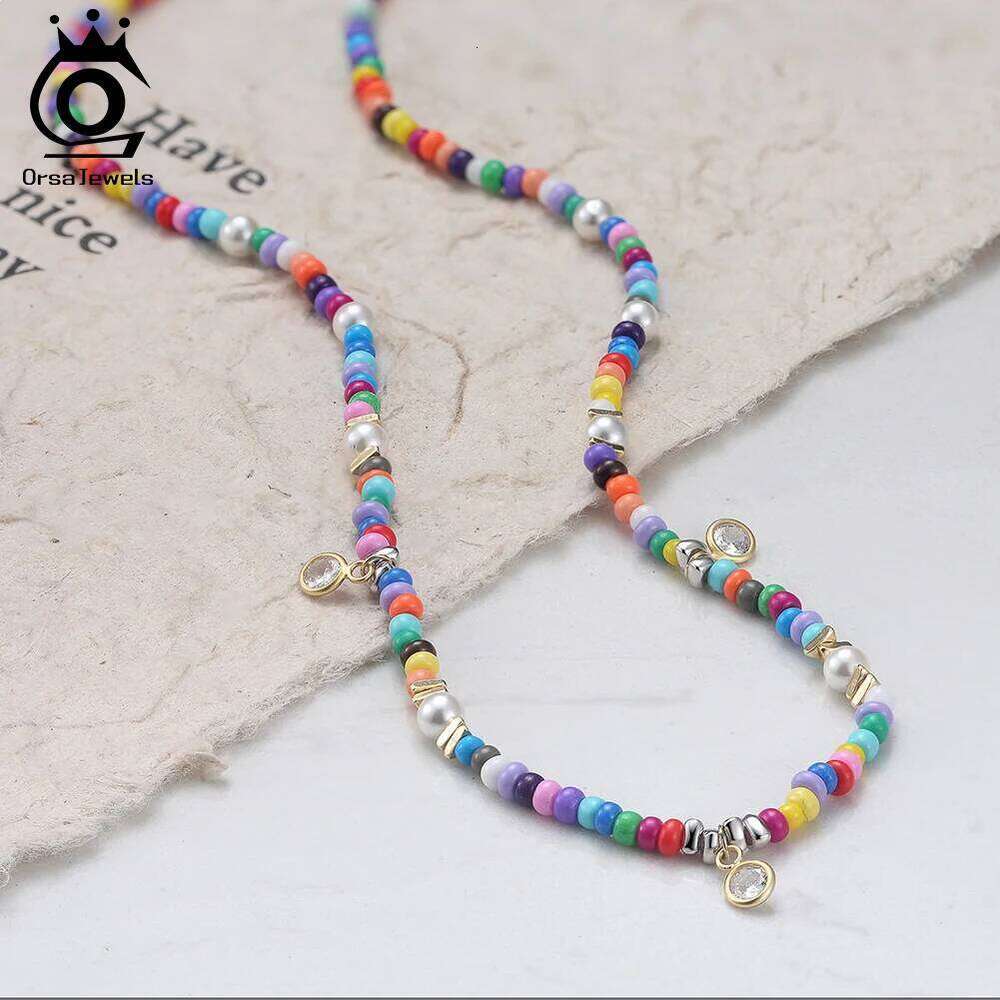 Trendy ORSA JEWELS Sier Shell Pearl Choker with Colorful Beads 3mm Adjustable Necklace for Women Jewelry Party Gift PSN06